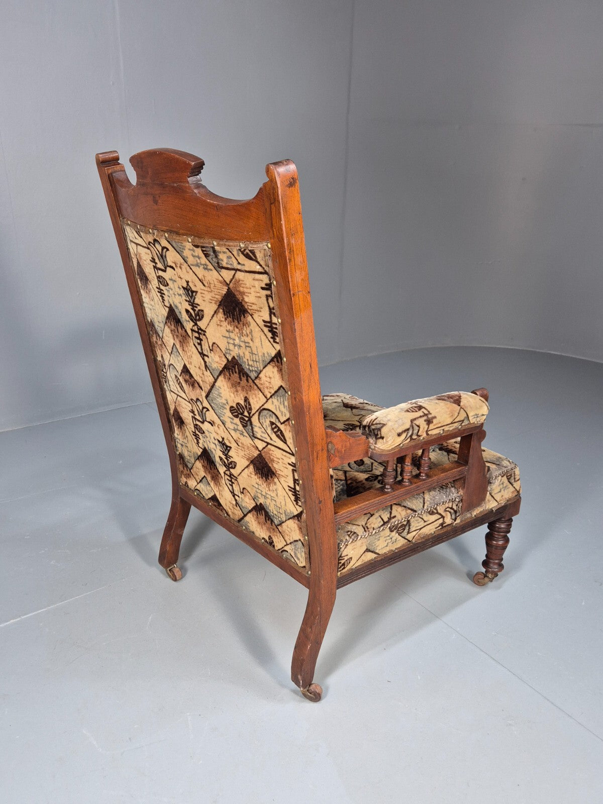 Antique Mahogany Library Chair Beige Geometric Fabric Edwardian EB9703 VCAR - UKDK FURNITURE