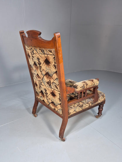 Antique Mahogany Library Chair Beige Geometric Fabric Edwardian EB9703 VCAR - UKDK FURNITURE