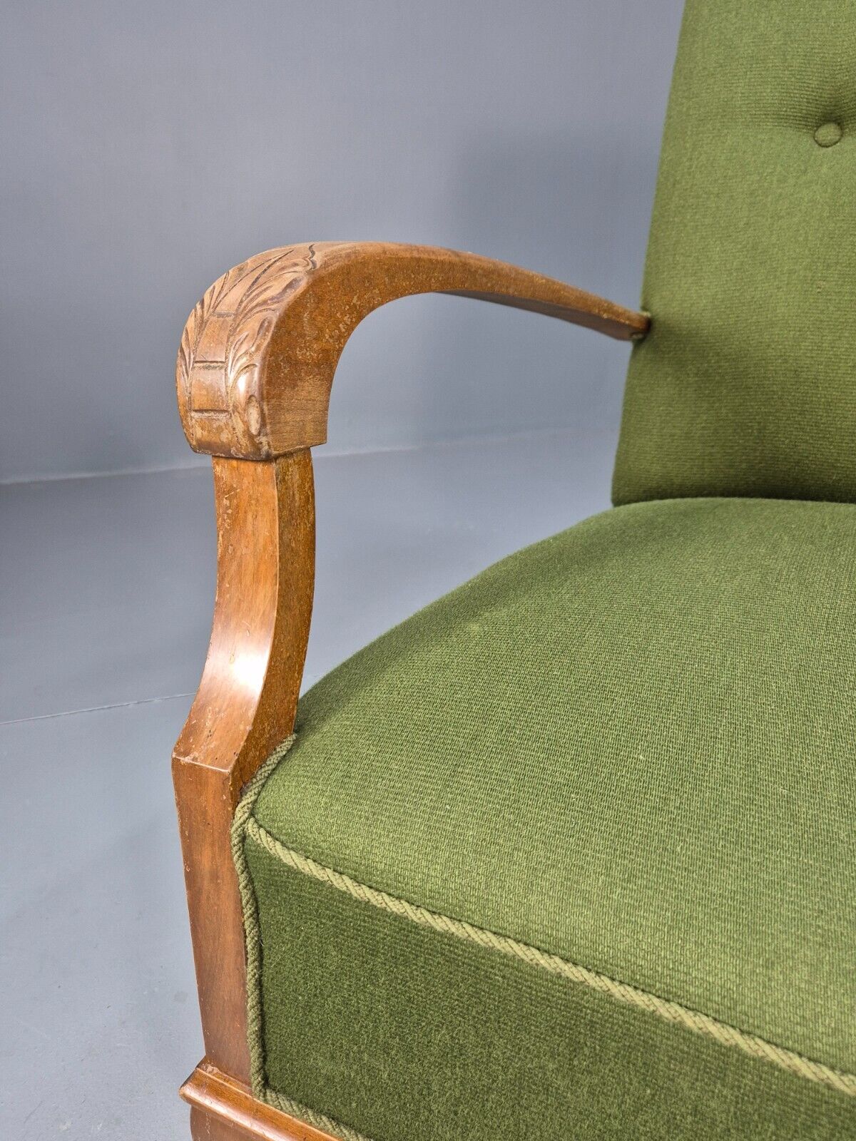 Vintage Danish Lounge Chair Green Wool Wood Arms Art Deco 1950s EB8973 VCLO - UKDK FURNITURE