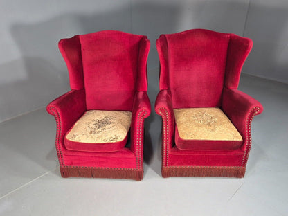 Pair Vintage Danish Wing Back Red Velour Studded Armchairs EB8059 VCLO - UKDK FURNITURE