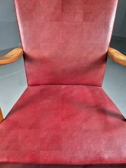 Vintage Elbow Chair Beech Frame Red Vinyl 1950s Retro MCM EB7329 MDIN12