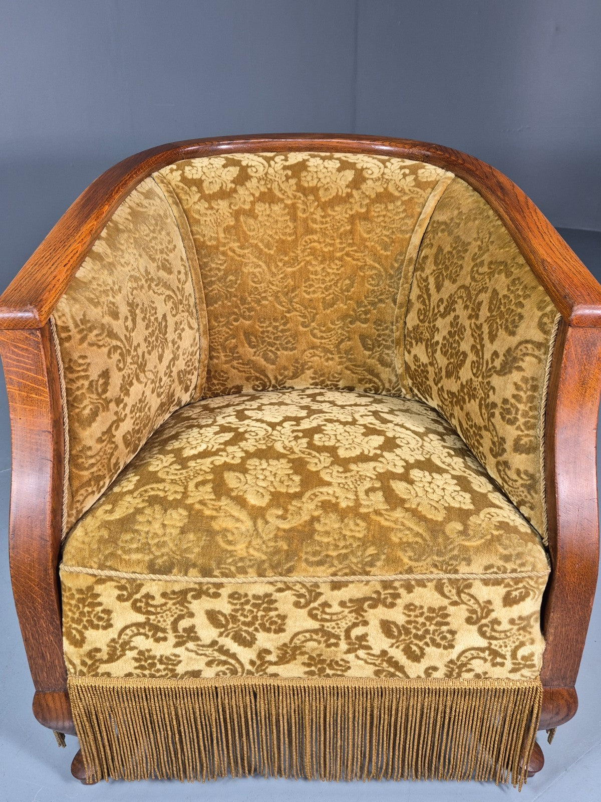 Art Deco Tub Chair Danish Vintage Gold Moquette Tassels Oak Frame  EB10753 VCLO14