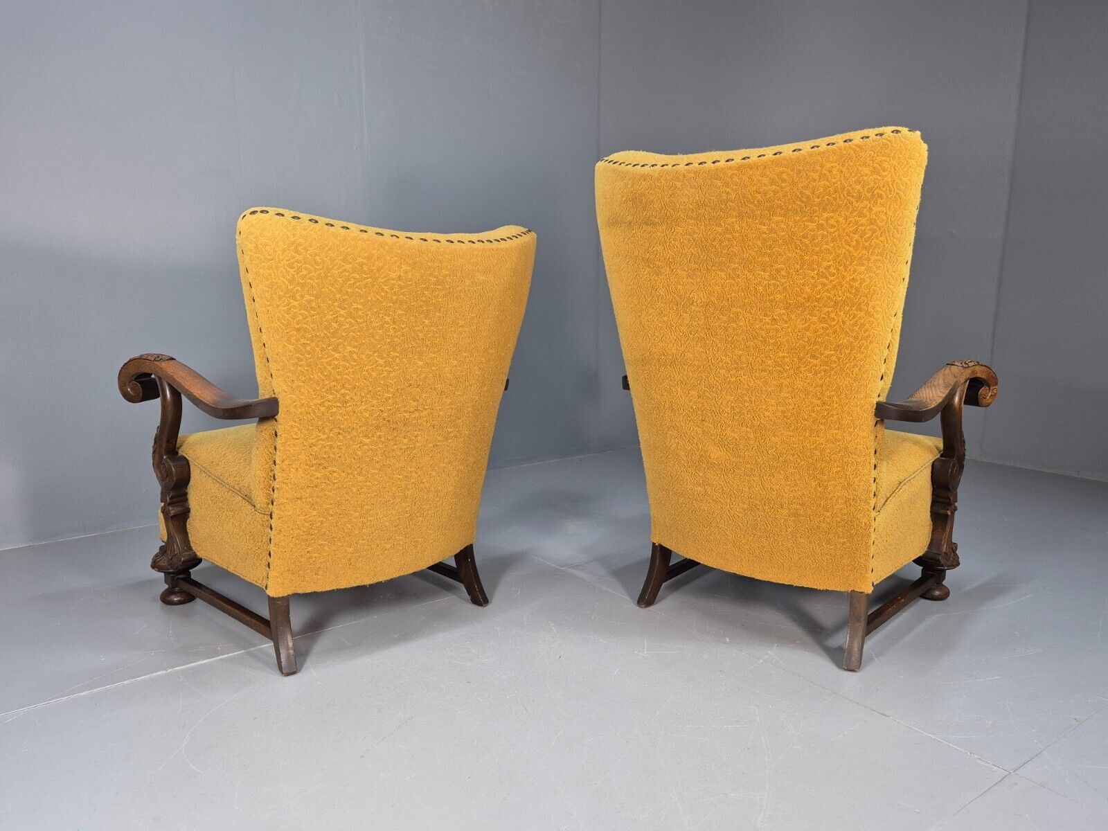 2 Vintage Baroque Armchgairs in Oak and Mustard Moquette 1940s EB9005 VCLO - UKDK FURNITURE