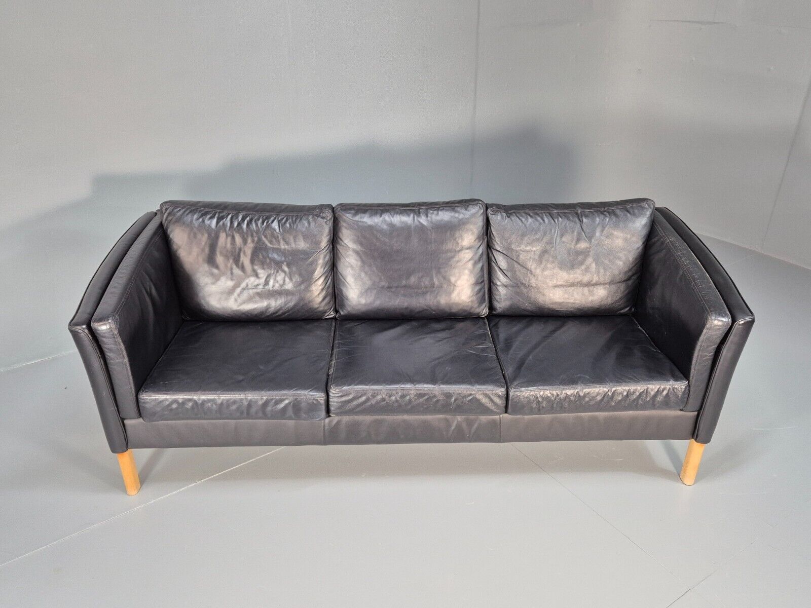 Vintage Danish 3 Seat Sofa Black Leather and Vinyl Straight Back EB8616 M3SS - UKDK FURNITURE