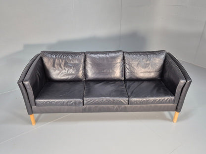 Vintage Danish 3 Seat Sofa Black Leather and Vinyl Straight Back EB8616 M3SS - UKDK FURNITURE