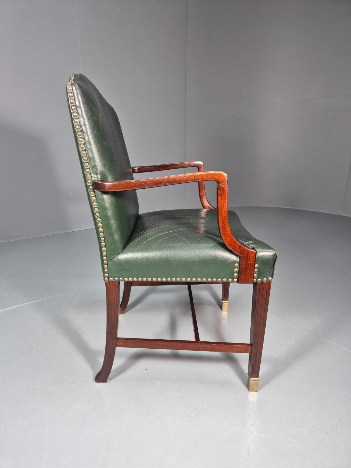 Georgian Style Elbow Chair Green Leather Mahogany Frame Danish 1970 EB10809 VLEA5