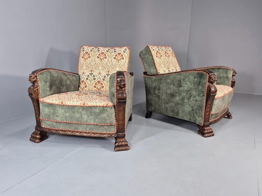 Vintage Art Deco Chairs Pair Of Carved Wood Green Velour Cream EB11739 VCAR1