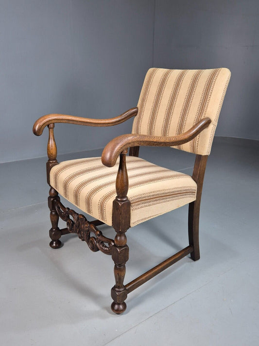 Vintage Danish Elbow Chair Cream Stripe Oak Frame 1950s Repro EB8084 VDIN - UKDK FURNITURE