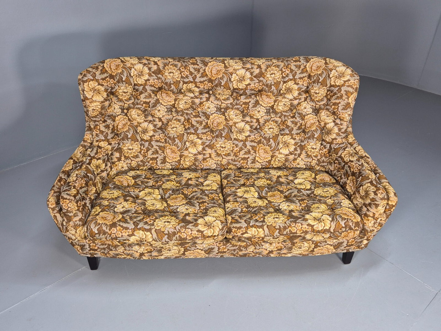 Vintage Danish 2 Seat Sofa Brown Yellow Floral Curved Form Retro MCM EB8949 M2SS - UKDK FURNITURE