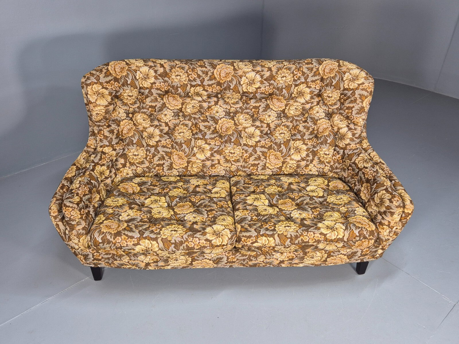 Vintage Danish 2 Seat Sofa Brown Yellow Floral Curved Form Retro MCM EB8949 M2SS - UKDK FURNITURE