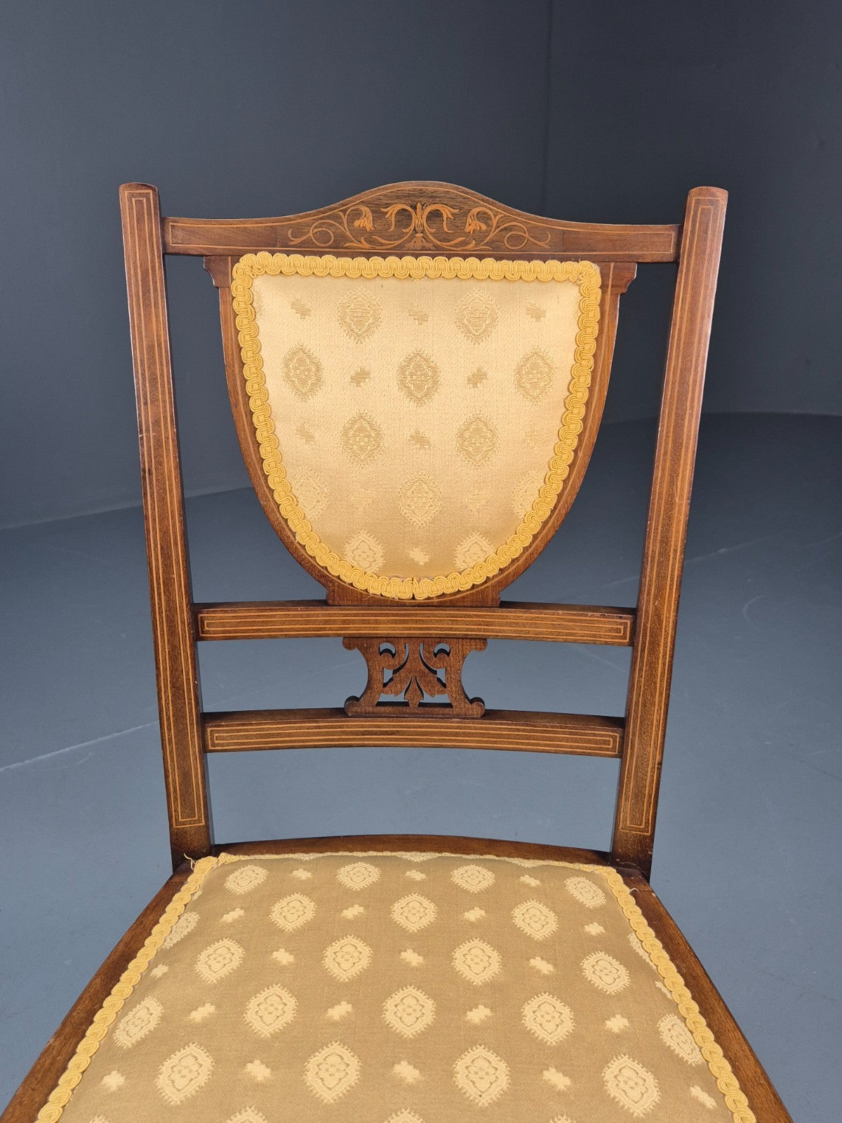 Antique Edwardian Dining Chair Mahogany Inlay Gold Upholstery  EB10716 VDIN3