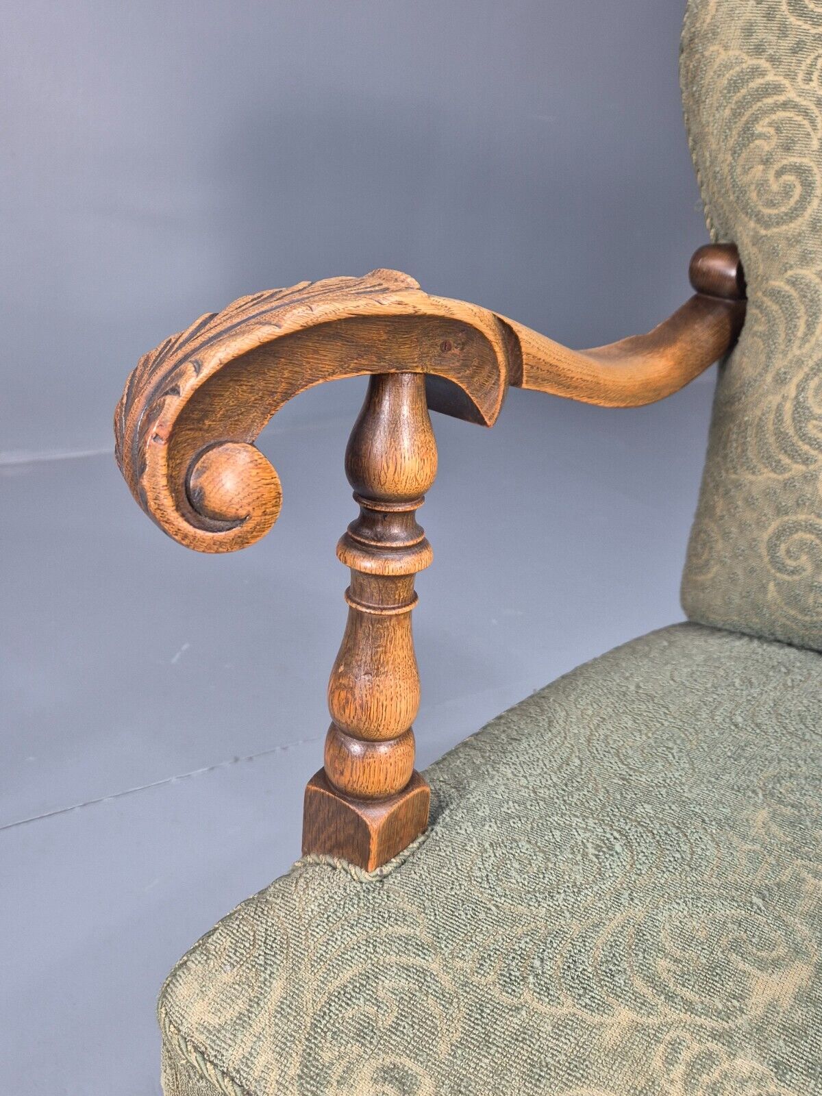 Vintage Danish Lounge Chair Green Moquette Carved Oak Frame 1940s EB8998 VCLO - UKDK FURNITURE