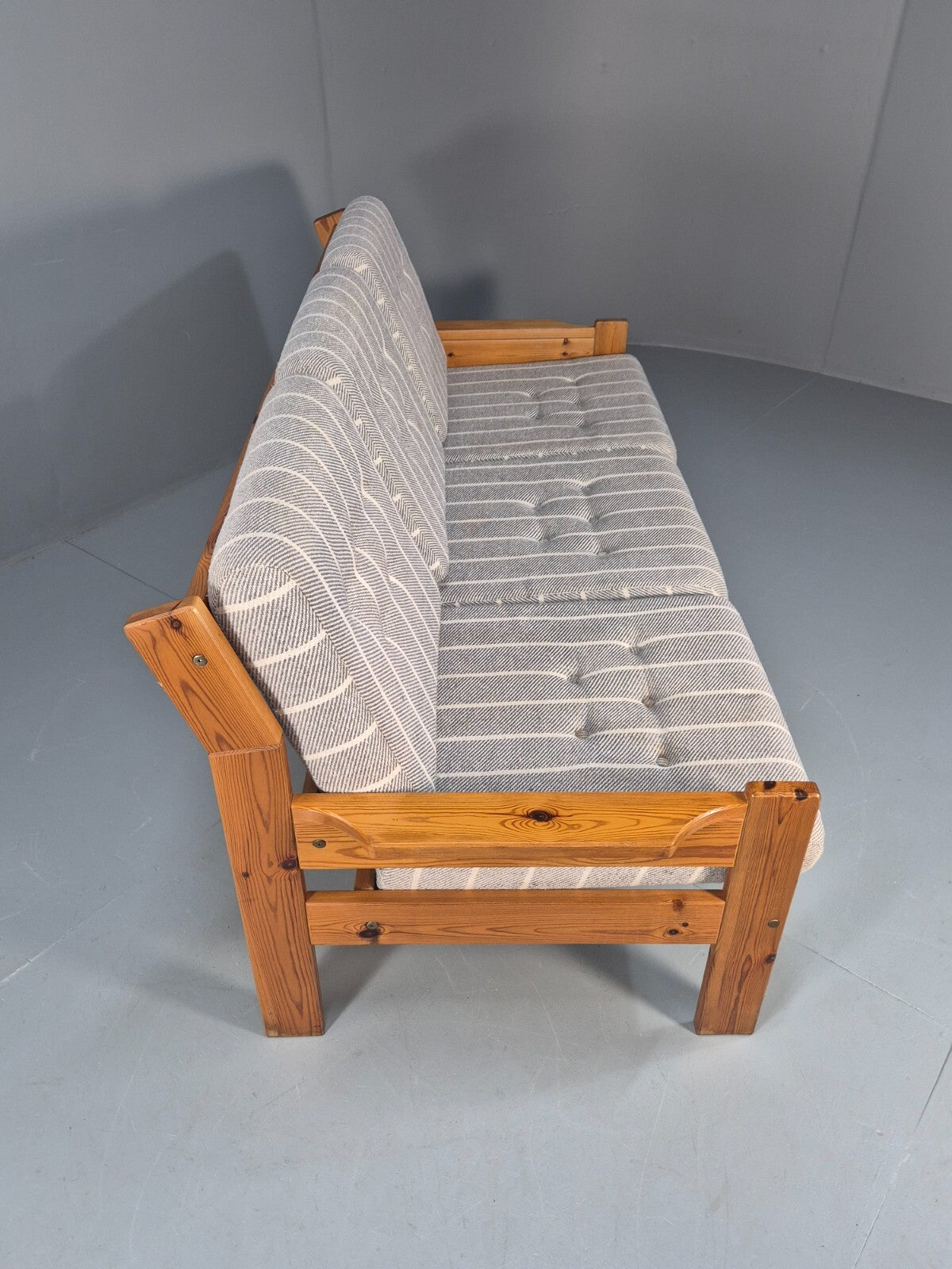 Vintage 3 Seater Pine Sofa Danish 1970s Retro Design Grey Striped EB9373 M3SS - UKDK FURNITURE