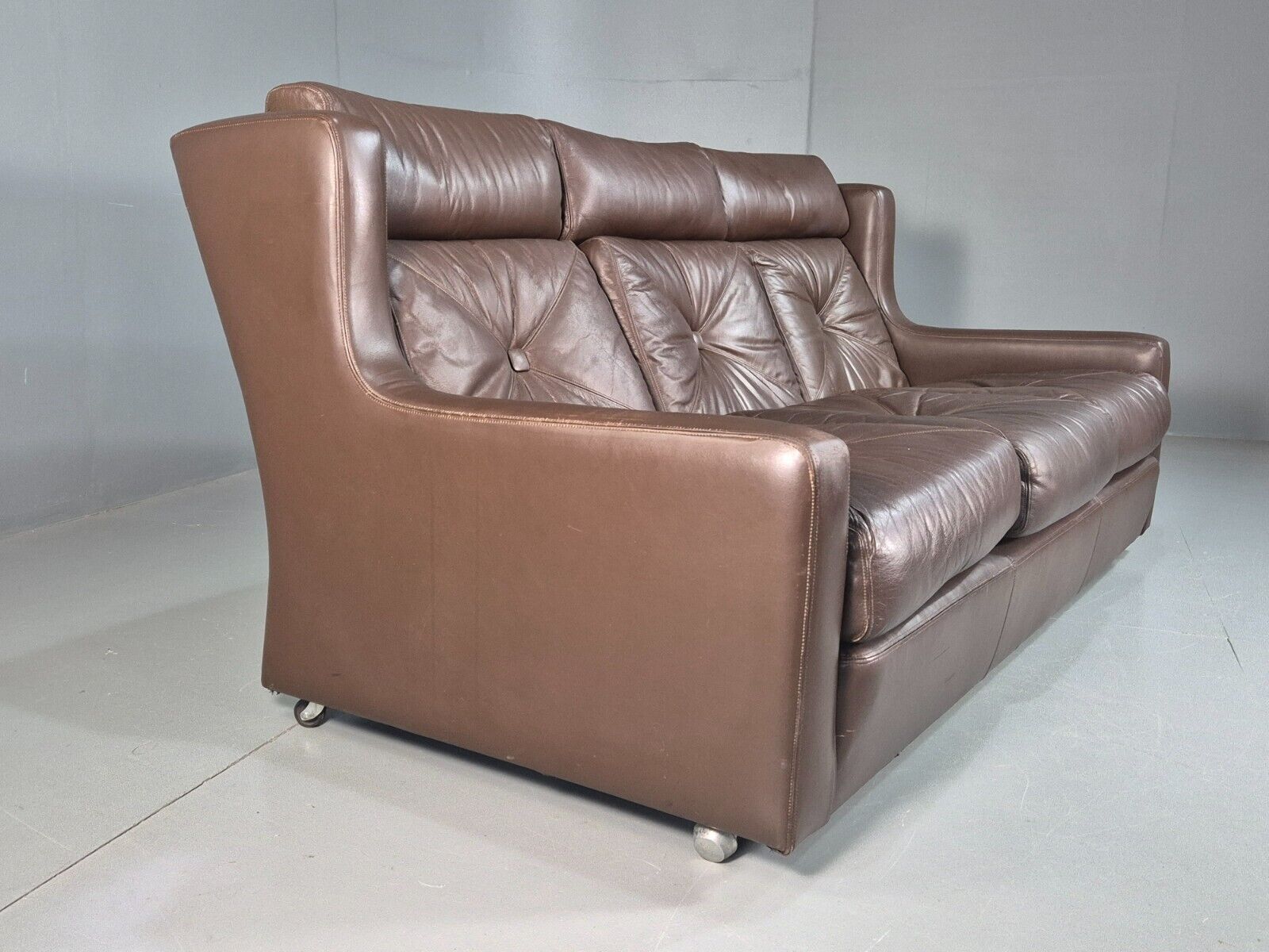 Vintage Danish 3 Seat Sofa Brown Leather Wing Back 1970s Retro MCM EB7977 M3SS - UKDK FURNITURE