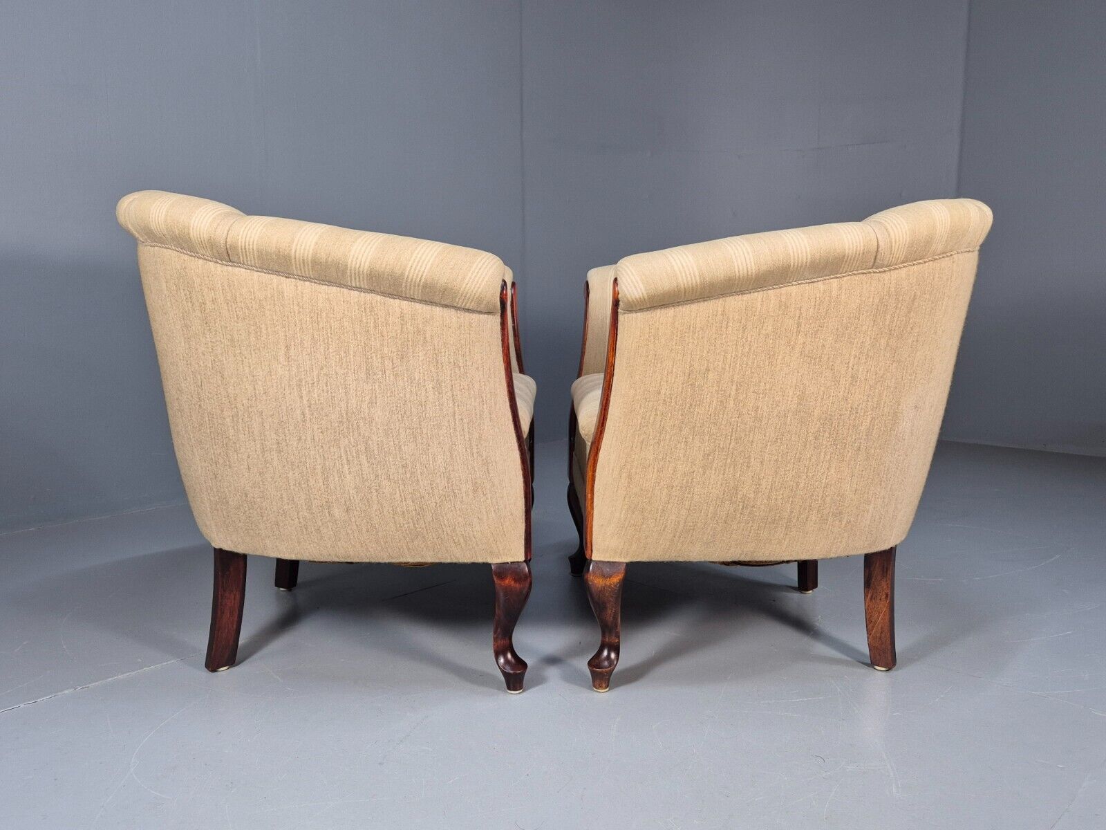 2Pair of Vintage Antique Danish Tub Chairs Beige Cream Stripes 1930s EB9049 VCLO - UKDK FURNITURE