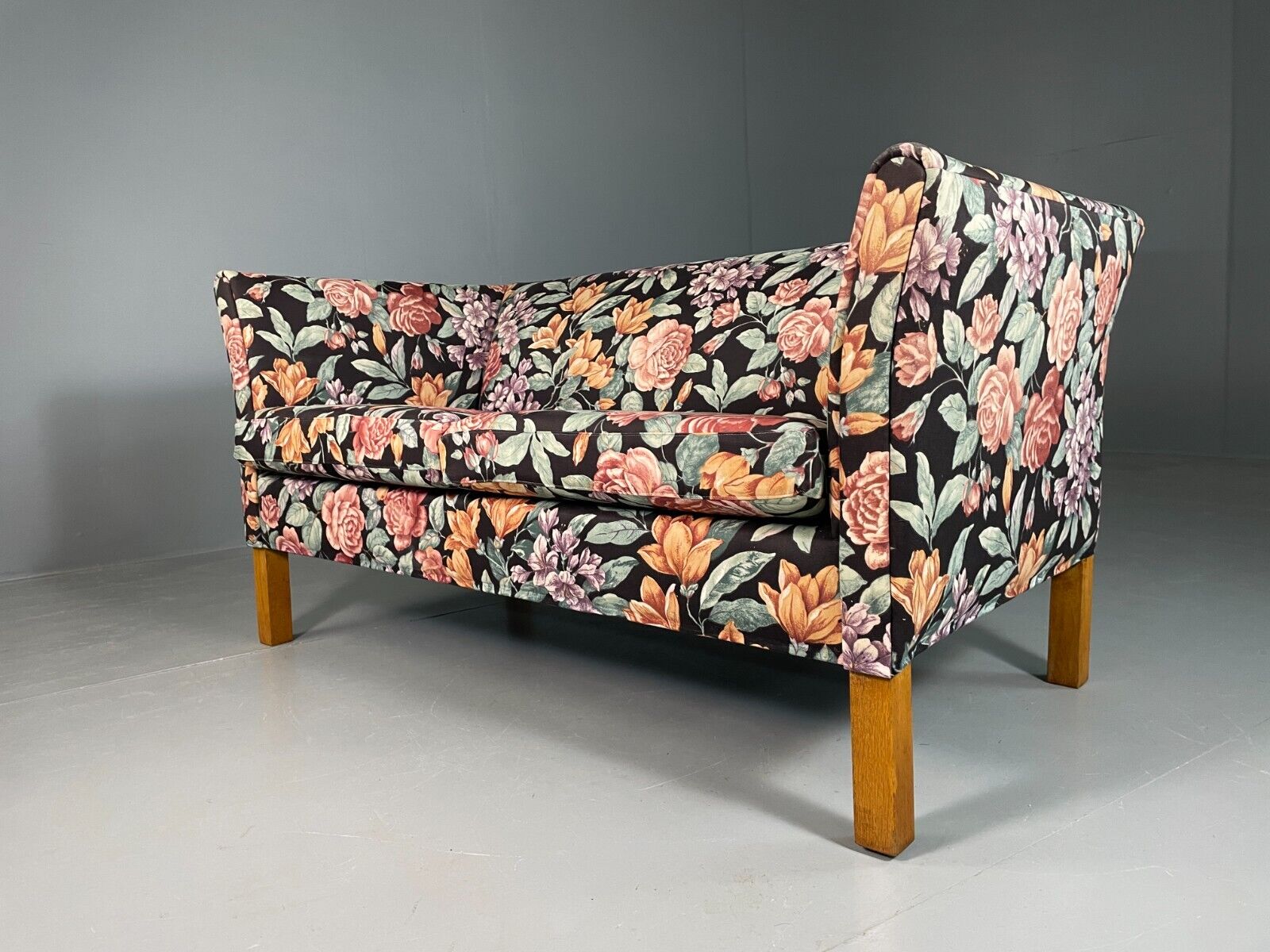 Vintage Danish 2 Seat Sofa Floral Print Oak 1970s Retro Mid Century EB6679 M2SS - UKDK FURNITURE