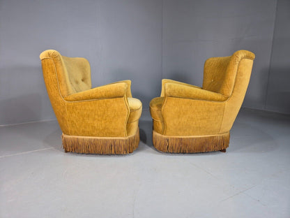 Pair Of Vintage Danish Gold Velour Armchairs Tassels Art Deco Style EB8068 VCLO - UKDK FURNITURE