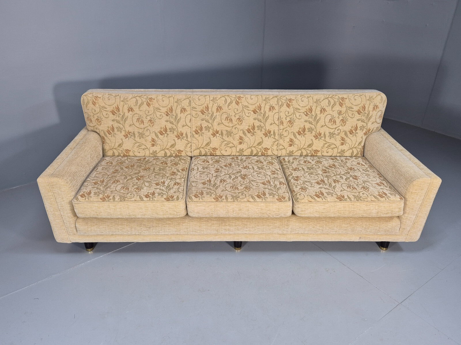 Vintage 1960s Sofa Cream Floral Upholstery 3 Seat Quality Retro EB9680 M3SS - UKDK FURNITURE