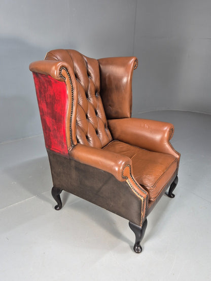 Vintage Leather Wingback Queen Anne Chair Brown 1980s Retro EB9543 VLEA - UKDK FURNITURE