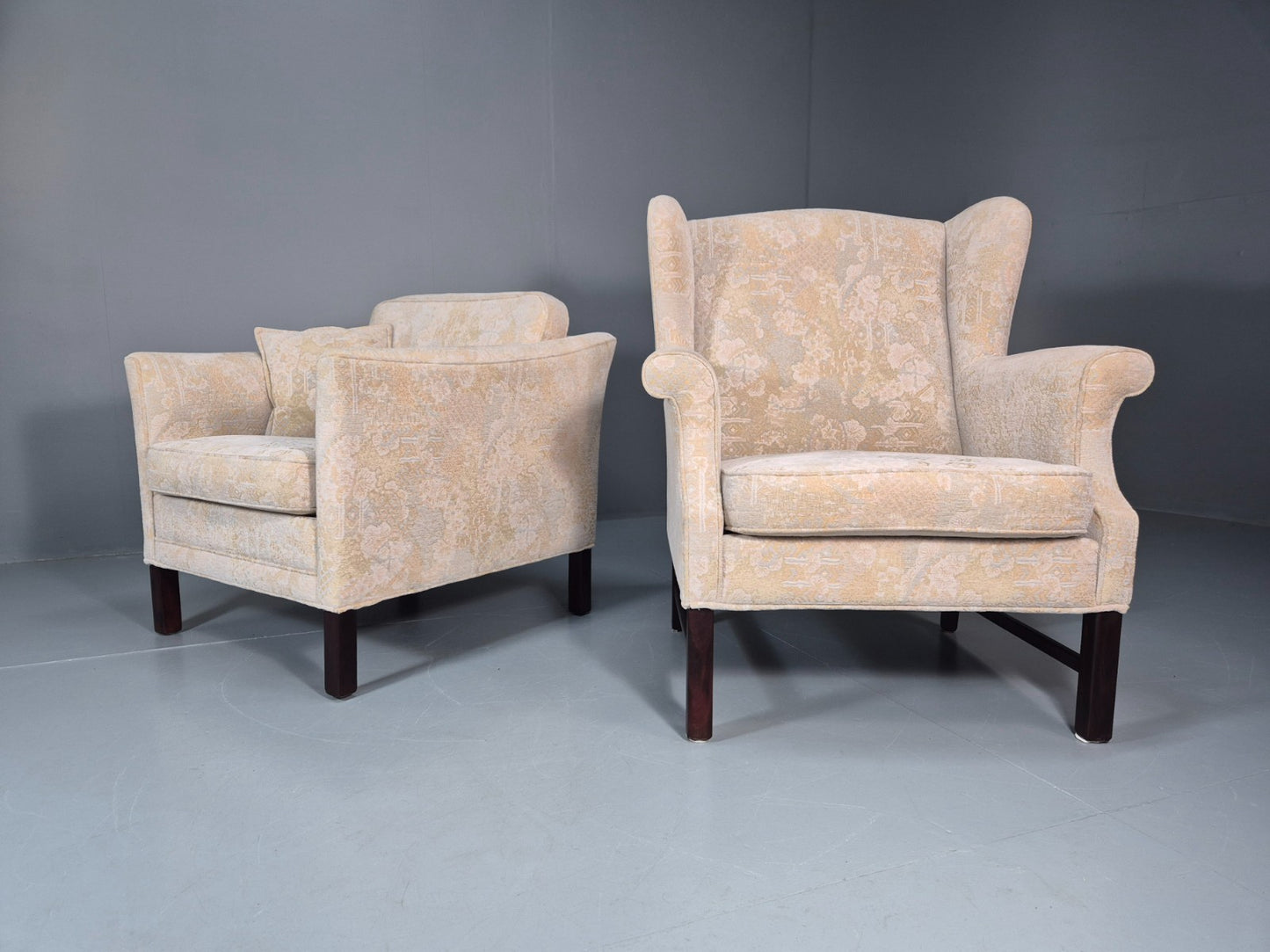 2 1970s Retro LOunge Chairs Danish Floral Cream Upholstery EB10764 VCLO1