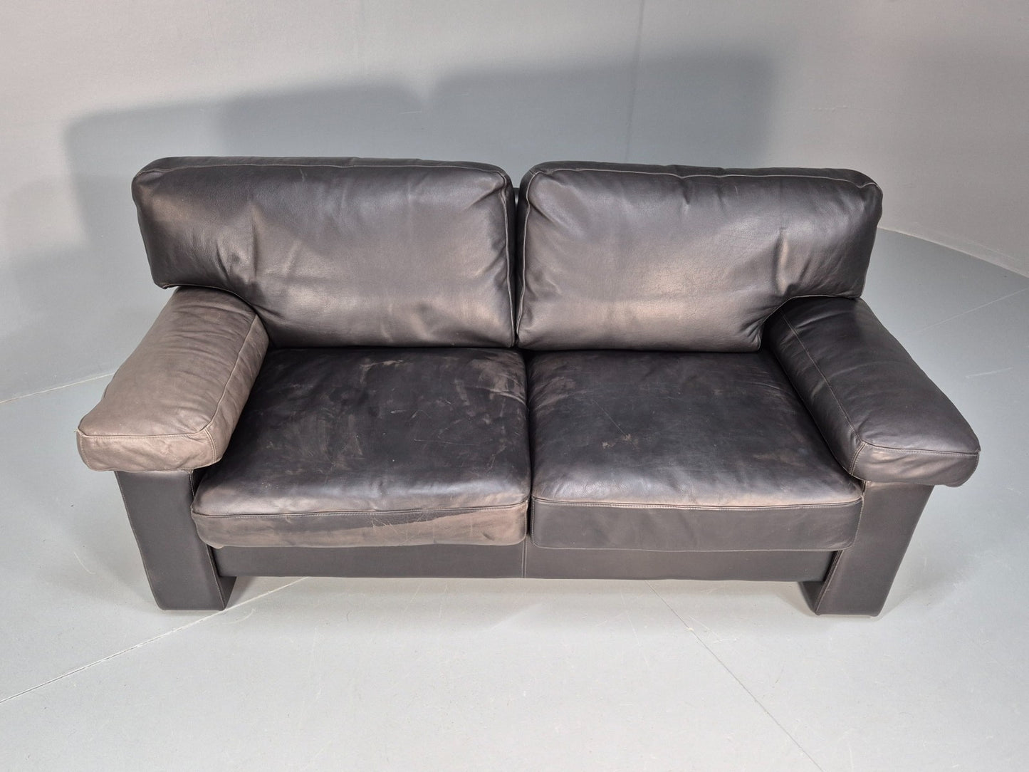 1980s Two Seater Sofa Faded Black Leather Boxy Style Retro Danish EB10714 M2SS4
