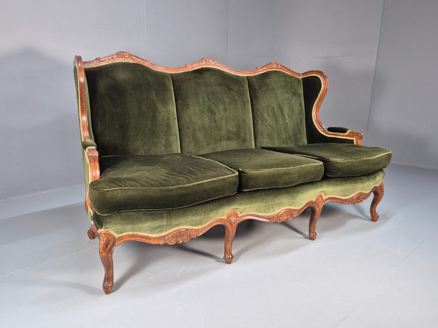 Vintage Rococo Style Three Seater Sofa Green Velour Carved Frame   EB10567 V3SS0