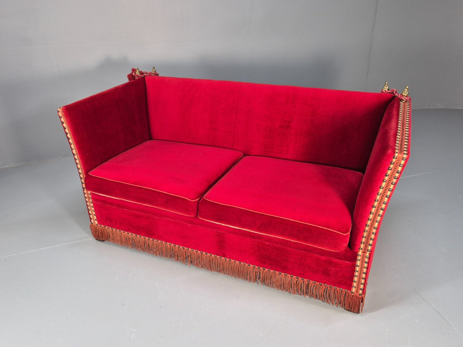 Vintage Danish Knowle Sofa Red Velour Cream Reversible Cushions 60s EB9648 V2SS - UKDK FURNITURE