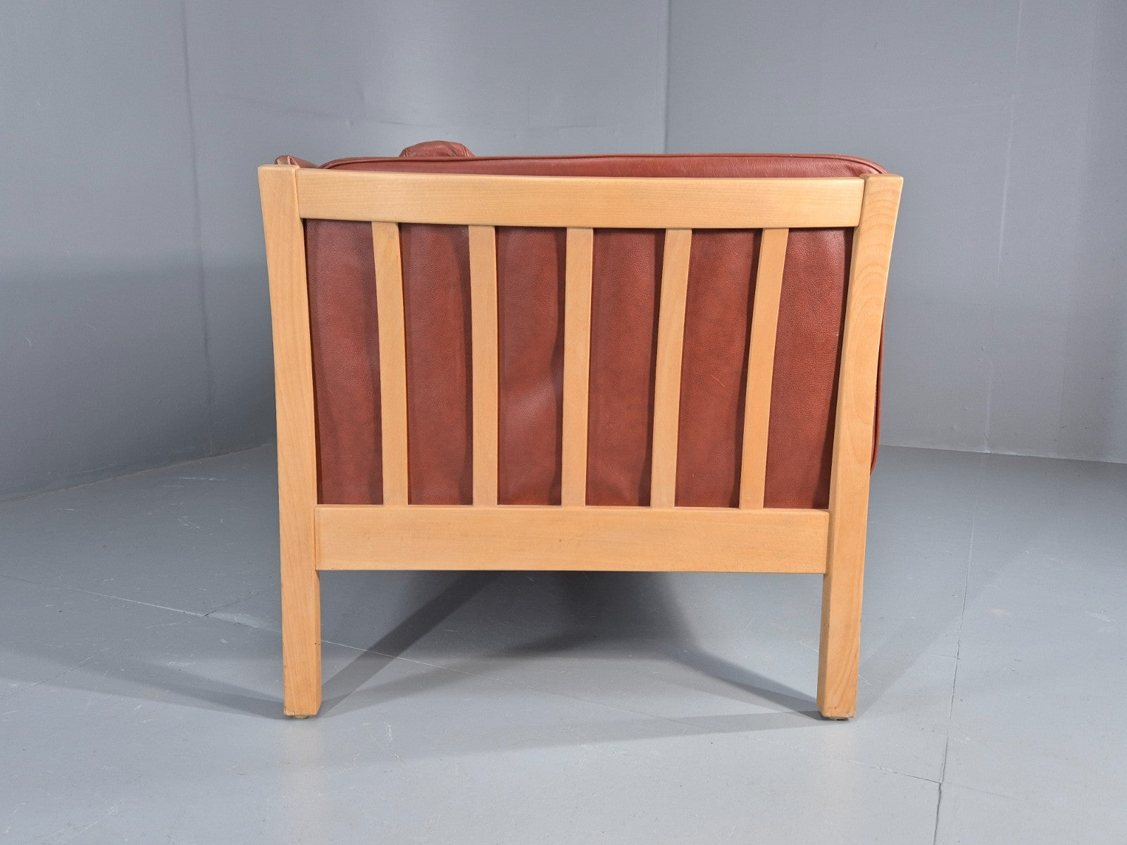 Vintage Stouby 3 Seat Sofa Reddy Brown Leather Beech Wood Slat EndsEB10525 M3SS13