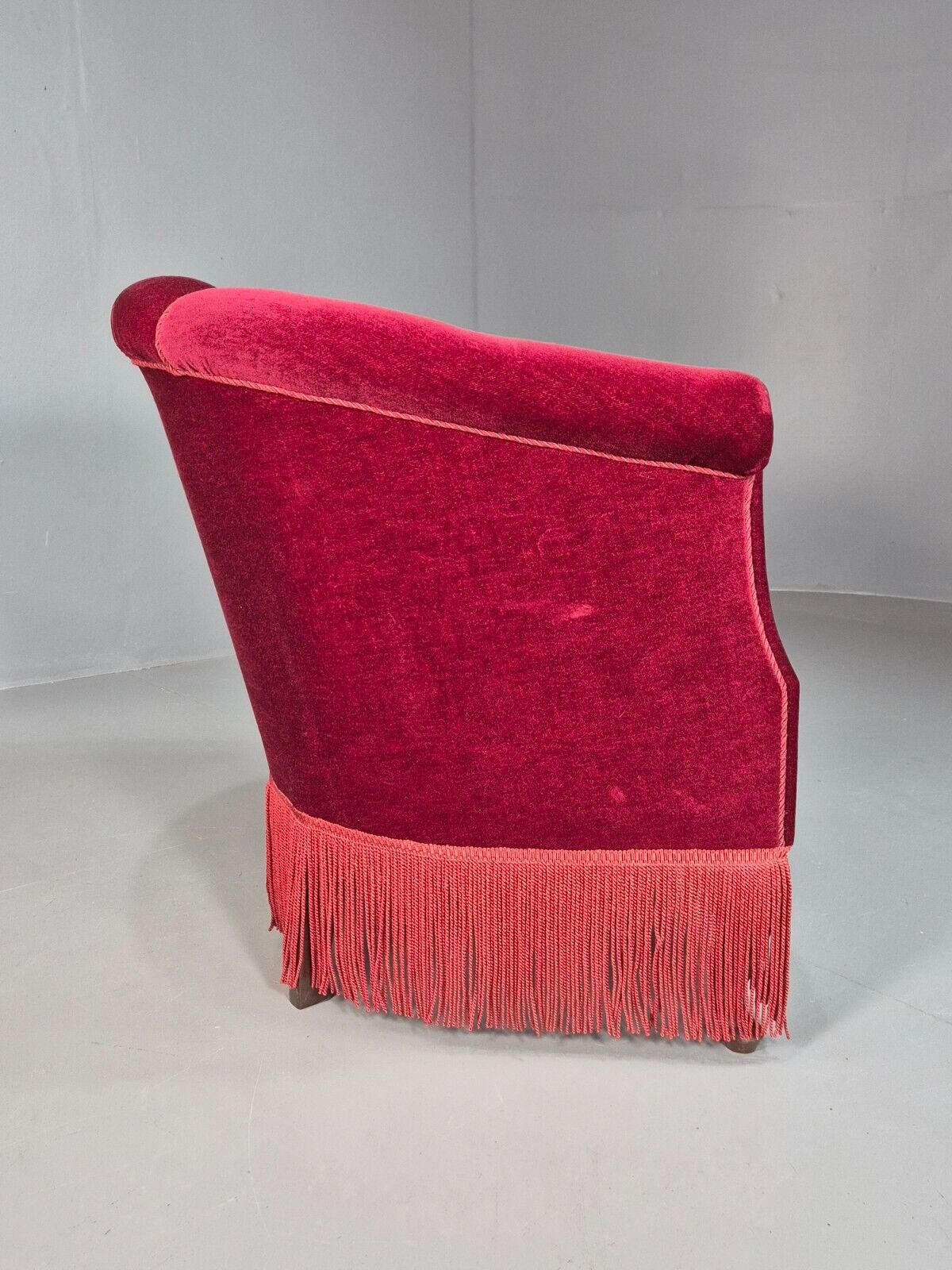 Vintage Danish Red Velour Tub Chair With Tassels Cabriole Legs EB8013 VCLO - UKDK FURNITURE