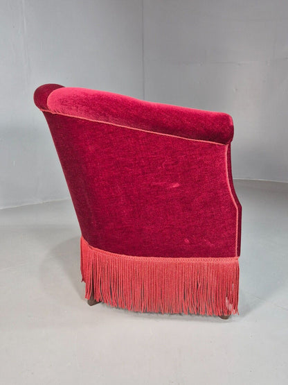 Vintage Danish Red Velour Tub Chair With Tassels Cabriole Legs EB8013 VCLO - UKDK FURNITURE