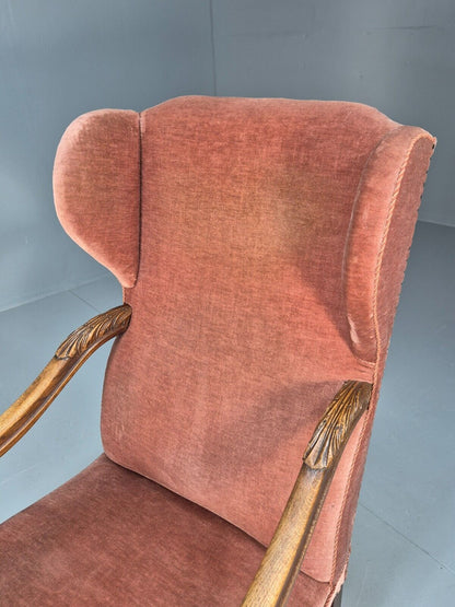 Vintage Danish Lounge Chair Pink Peach Velour Oak 17th Century Style EB8970 VCLO - UKDK FURNITURE