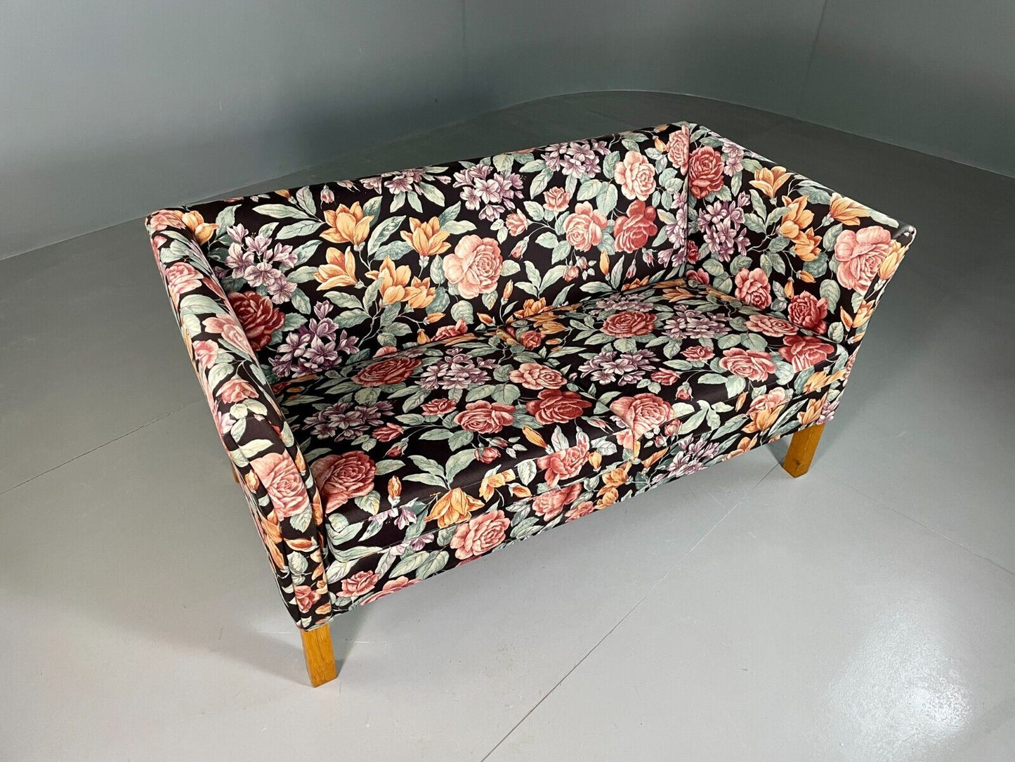 Vintage Danish 2 Seat Sofa Floral Print Oak 1970s Retro Mid Century EB6679 M2SS - UKDK FURNITURE