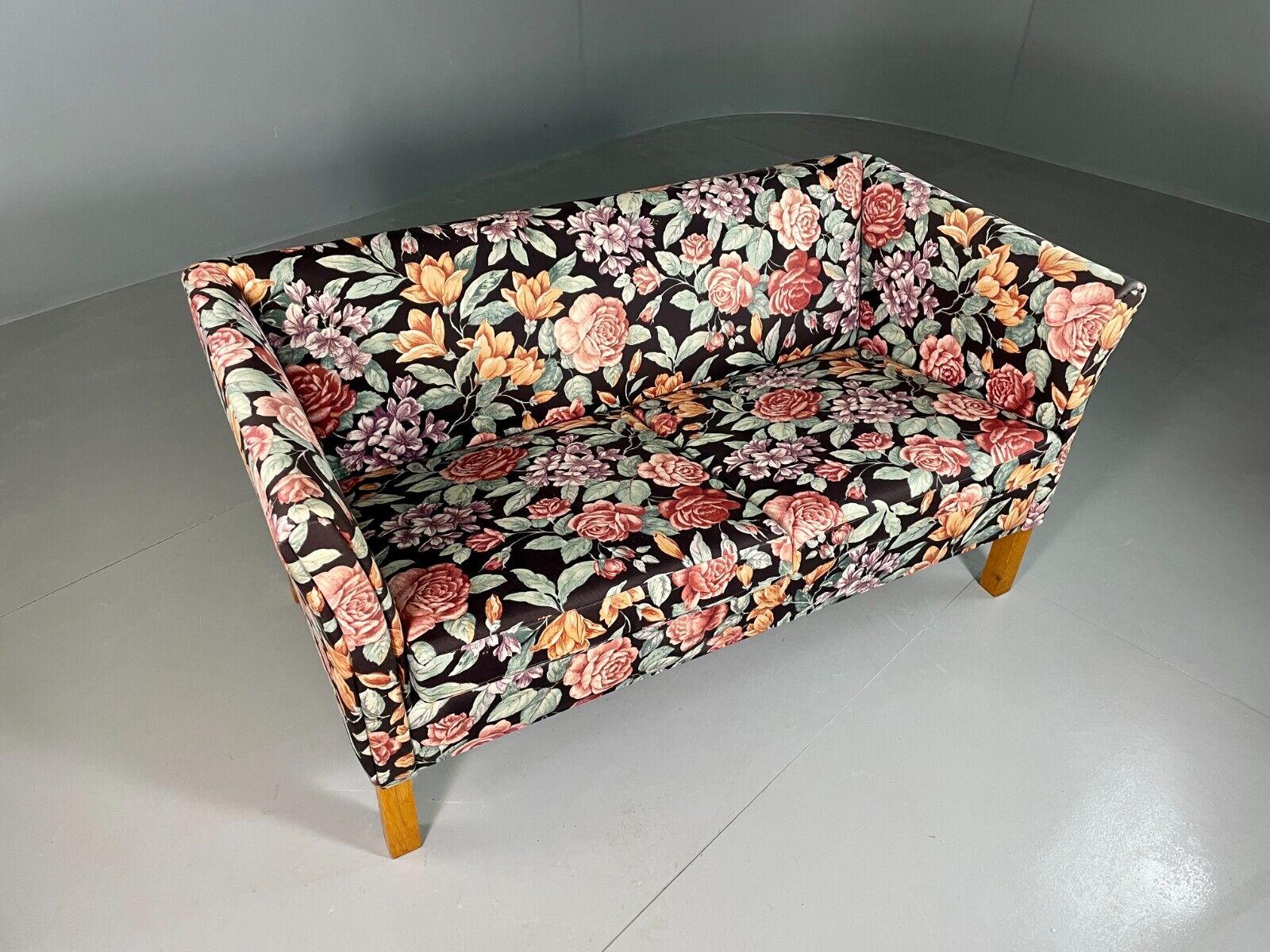 Vintage Danish 2 Seat Sofa Floral Print Oak 1970s Retro Mid Century EB6679 M2SS - UKDK FURNITURE