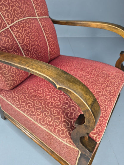 Vintage Danish Lounge Chair Red Moquette Beech Frame 1920s Antique EB8939 VCLO - UKDK FURNITURE