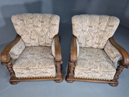 2 Vintage Danish Lounge Chair Floral Cotton Oak Detailing Antique Deco 1920 VCLO - UKDK FURNITURE