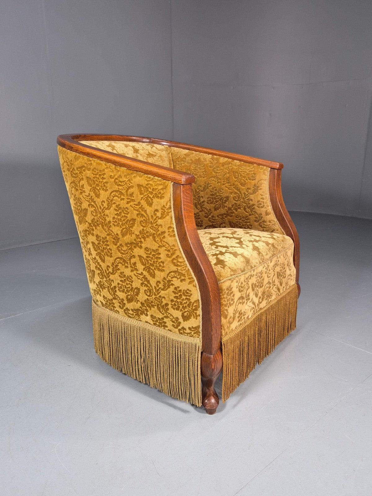 Art Deco Tub Chair Danish Vintage Gold Moquette Tassels Oak Frame  EB10753 VCLO0