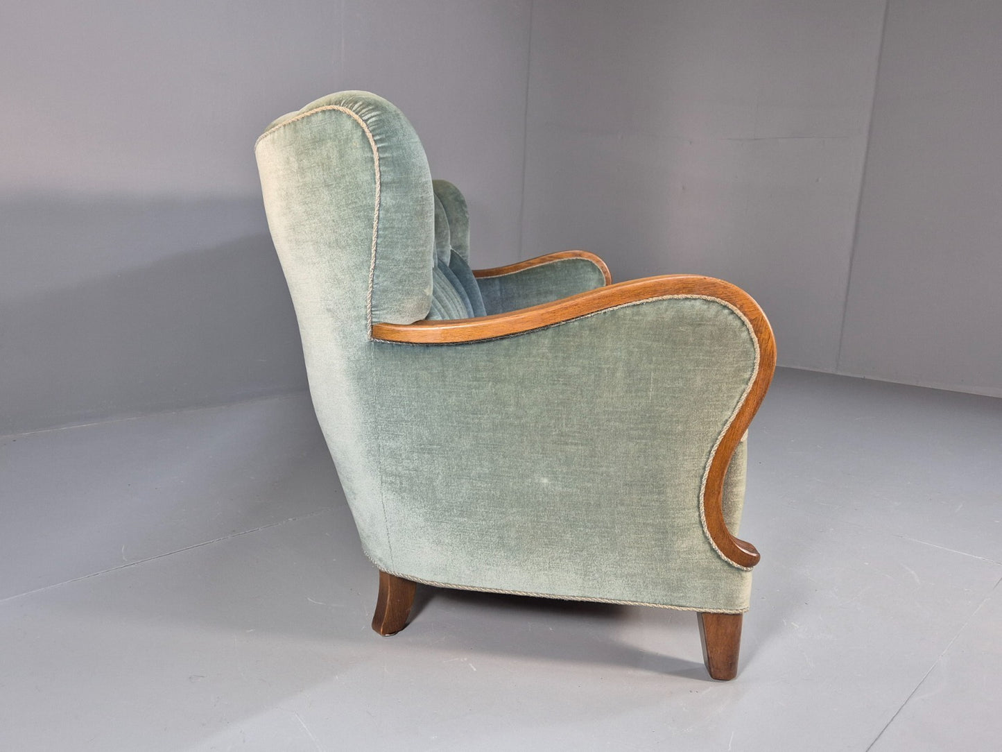 Vintage Danish Art Deco Sofa Blue Velvet Velour Oak Frame Shell Back EB9591 V3SS - UKDK FURNITURE