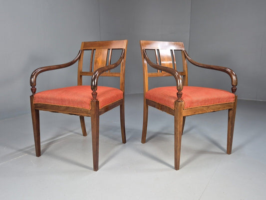 2 vintage Danish Elbow Chairs Red Corduroy Mahogany Empire Antique EB8955 VDIN - UKDK FURNITURE