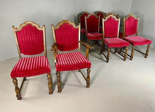 8 Vintage Danish Gothic Oak Dining Chairs Red Corduroy 1960s Retro EB6750 VDIN0