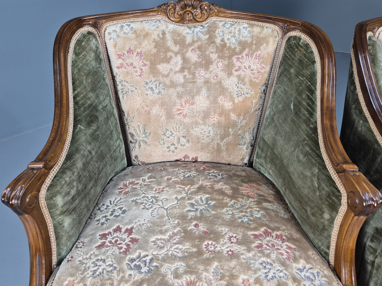 2 Vintage Rococo Armchairs 1920s Danish Green and Floral Antique EB9555 VCLO - UKDK FURNITURE