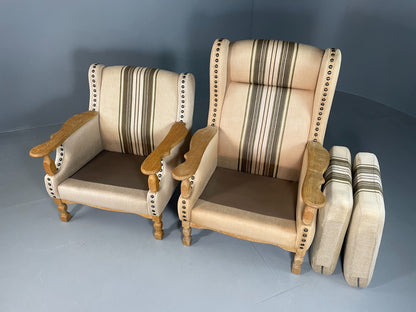 2 Danish Lounge Chairs Oak Frame Cream Wool Kjaernulf Vintage Retro EB6689 MNOR6