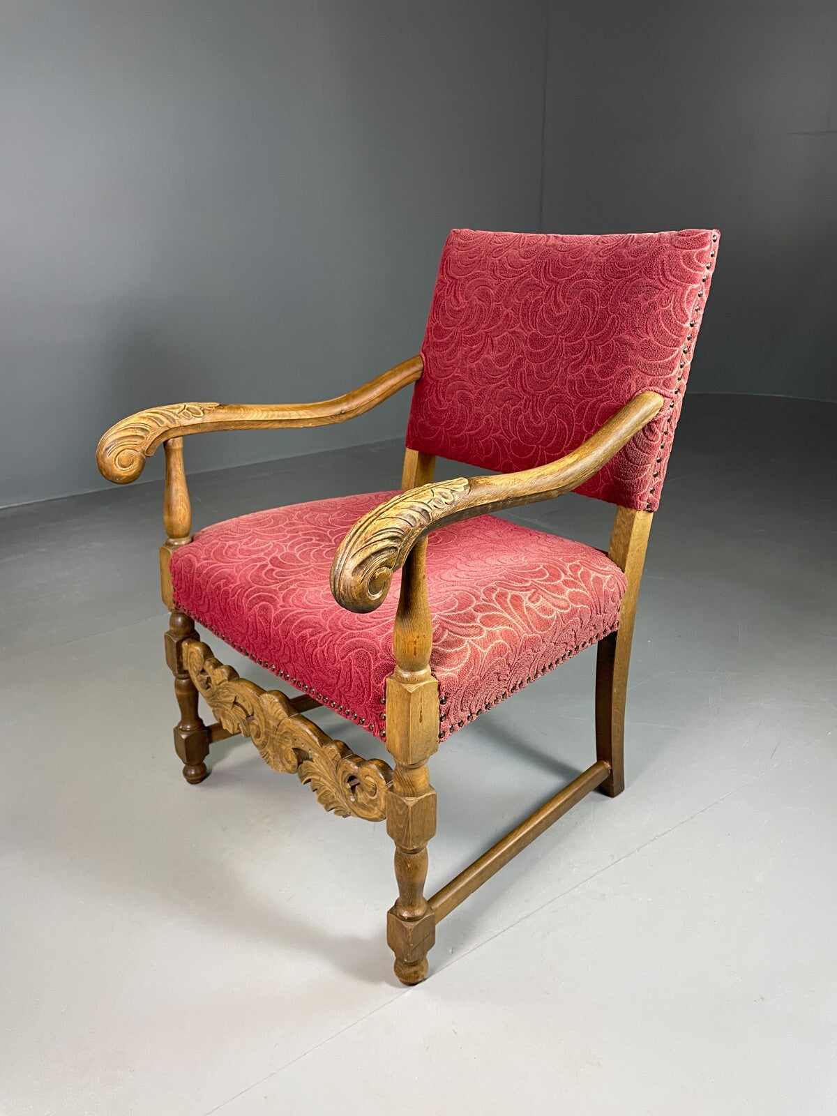 Vintage Danish Lounge Chair Oak Red Moquette 17th Century Style EB6942 VCLO1