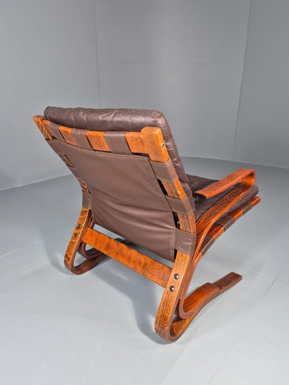 Vintage Skyline Lounge Chair Brown Leather 1970s Retro MCM Bentwood EB11326 MBEN11