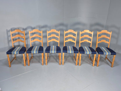 Six Oak Dining Chairs Blue Fabric Henning Kjaernulf Style Vintage EB9361 MDIN - UKDK FURNITURE