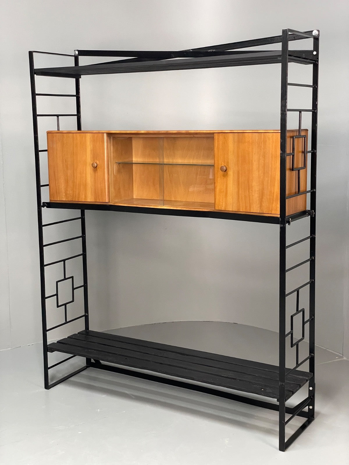 Vintage Modular Shelving Unit Walnut Cabinet Ladderax Style Black EB11043 MWOO20