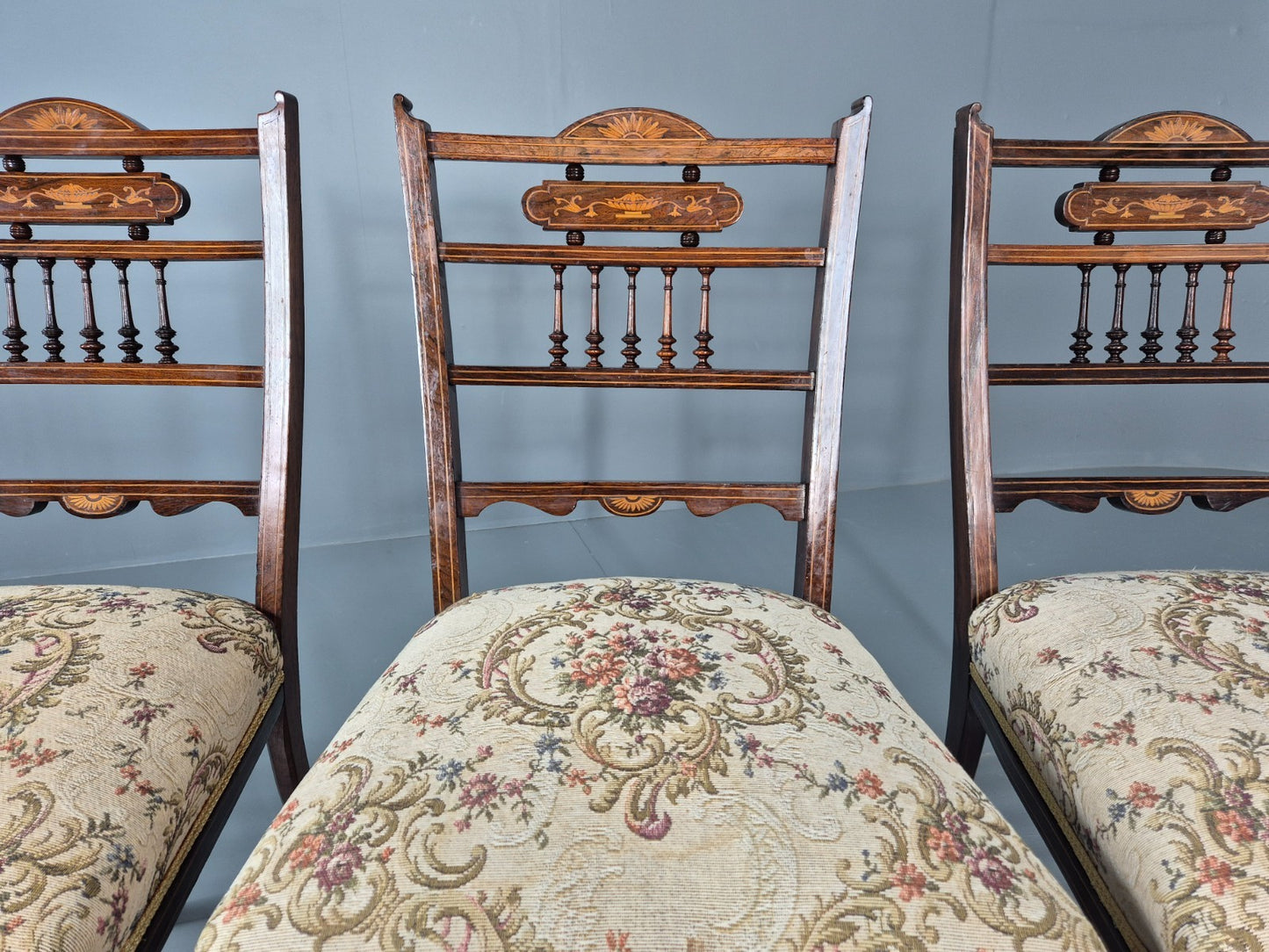 3 Antique Saloon Chairs Rosewood Frame Floral Seats Inlay Victorian EB10990 VDIN4