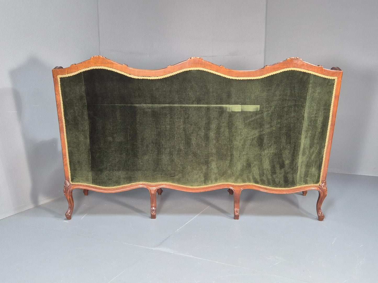 Vintage Rococo Style Three Seater Sofa Green Velour Carved Frame   EB10567 V3SS15