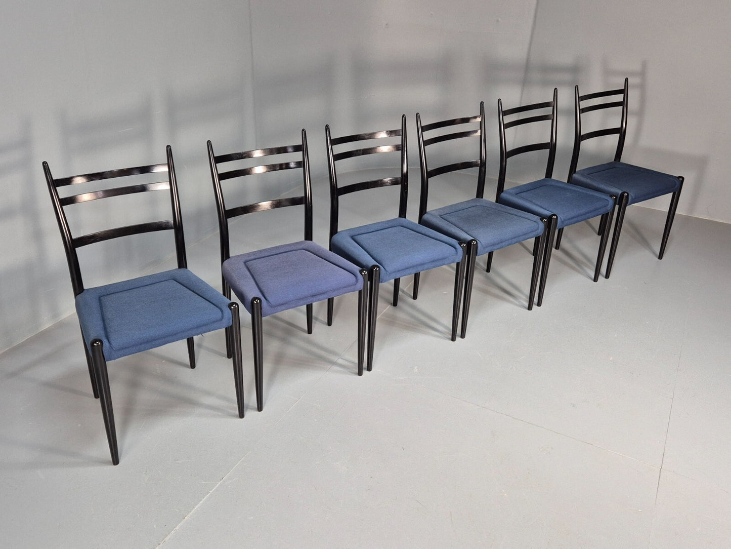Vintage G Plan Dining Chairs Black Teak Blue Fabric Italian Style EB9488 MDIN - UKDK FURNITURE