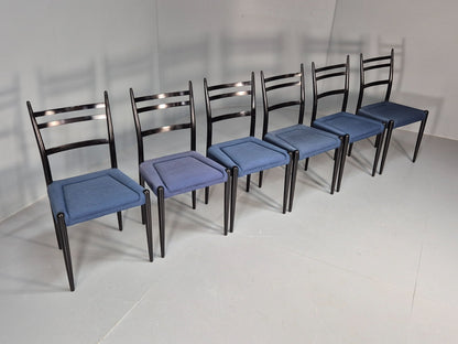 Vintage G Plan Dining Chairs Black Teak Blue Fabric Italian Style EB9488 MDIN - UKDK FURNITURE