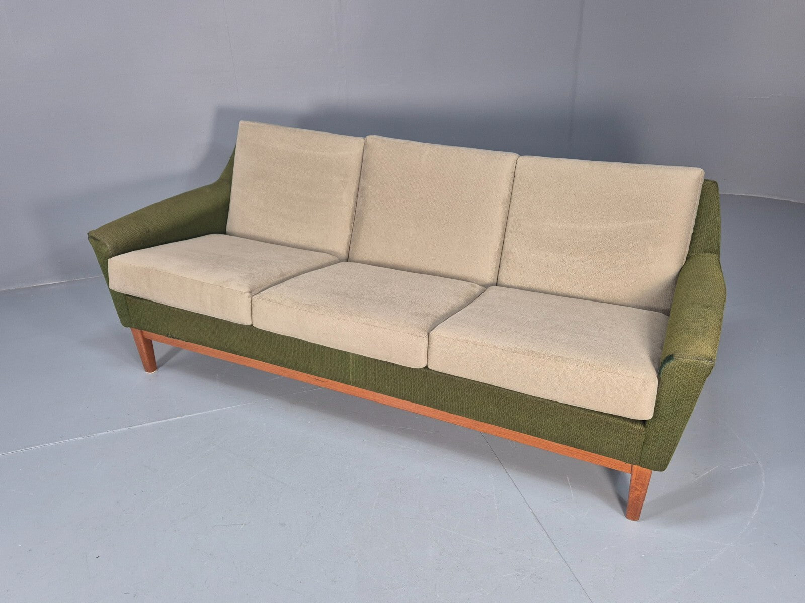 Mid Century 3 Seater Sofa Green Cream Fabric Teak Vintage Scandi EB9794 M3SS - UKDK FURNITURE